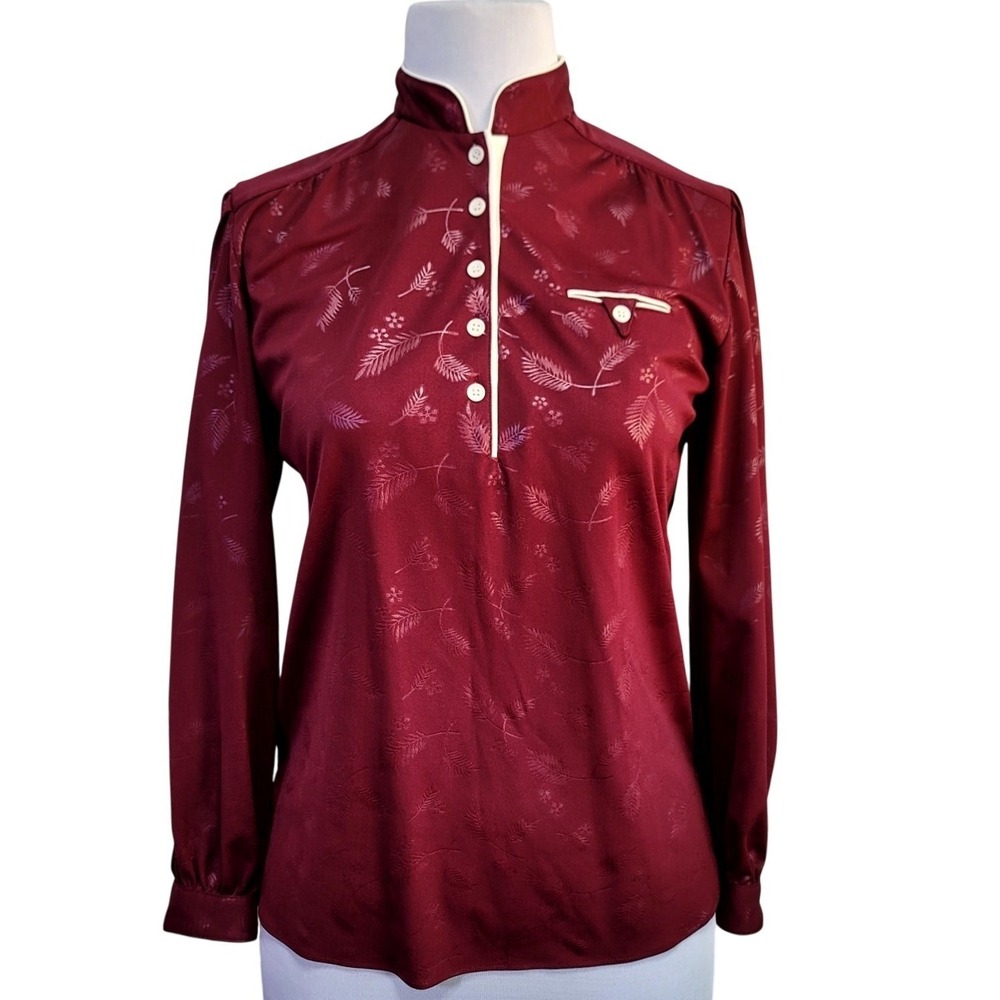 Queens Way to Fashion Vintage Burgundy Jacquard Leaf Blouse Mandarin Collar